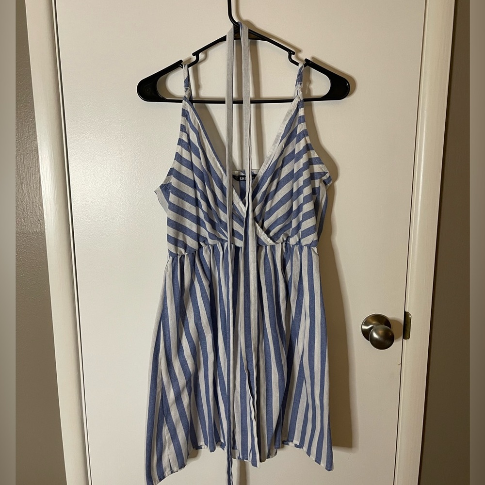 Blue and white striped dress with tie belt. Women’s size 0xl SHEIN